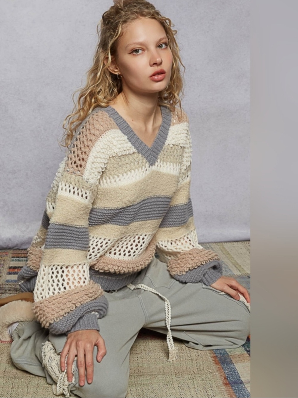 New: POL V-Neck Boho Mixed Crochet Knit Balloon Sleeve Sweater• Small & Medium